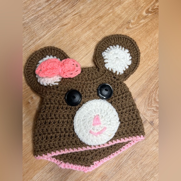 Accessories - Crochet knit beat hat beanie. Pink bow. Button eyes. Brown bear. So cute!